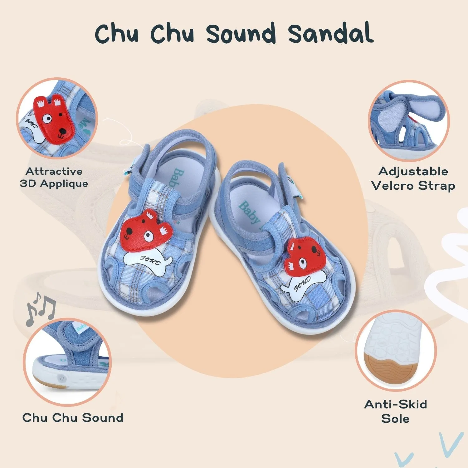 Baby Moo Cute Puppy Checked Chu-Chu Sound Breathable Anti-Skid Sandals - Blue