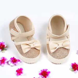 Baby Moo Glittery Partywear Bow Velcro Strap Anti-Skid Sandals - Beige