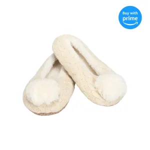 Ballerina Knit Pom Womens Plush Lined Cozy Non Slip Indoor Soft Slipper - Cream, Large