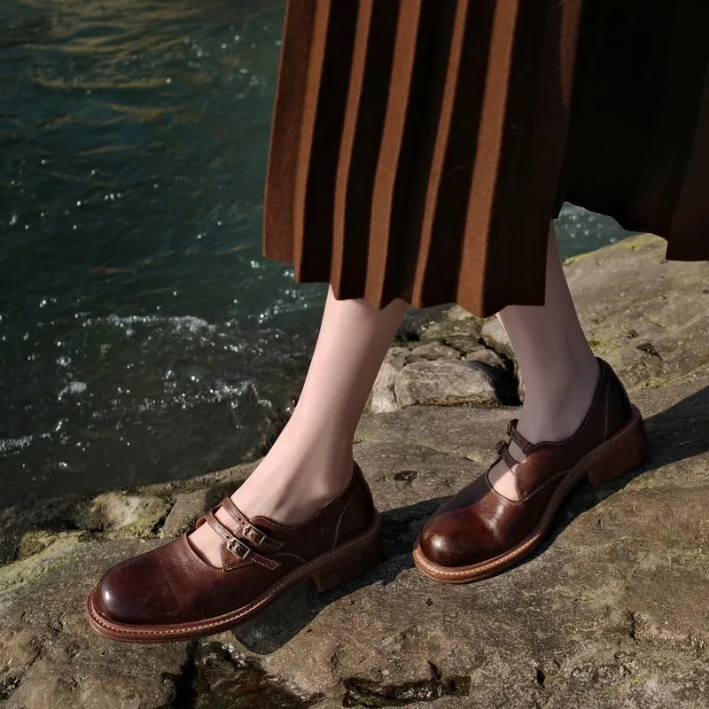 Horse Leather Mary Jane Shoes With Double Buckle in Brown/Black