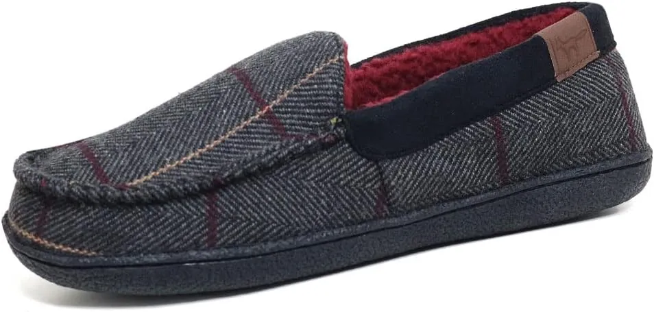 JO & JOE Men's Navy Blue Tweed Warm Lined Moccasin Slippers