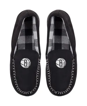 Men's flannel moccasin slippers brooklyn nets team logo FOCO, black