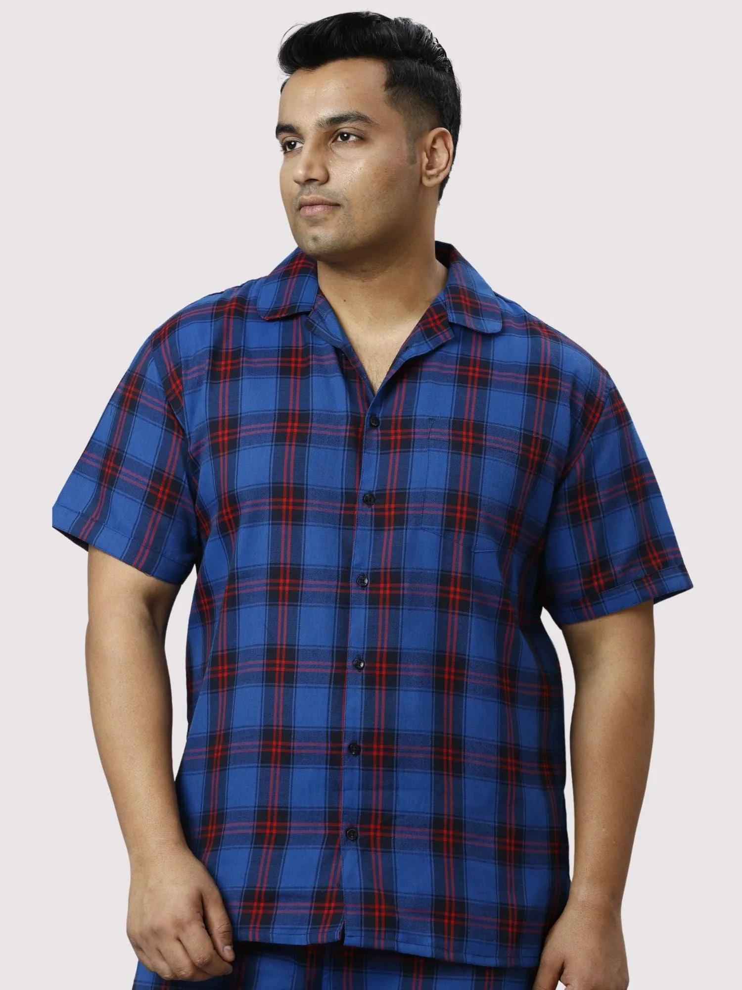 Midnight Blue Checks Printed Full Co-ords Set Men's Plus Size