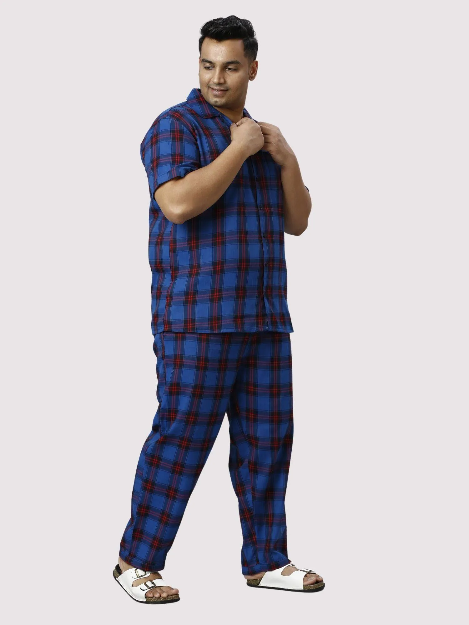 Midnight Blue Checks Printed Full Co-ords Set Men's Plus Size