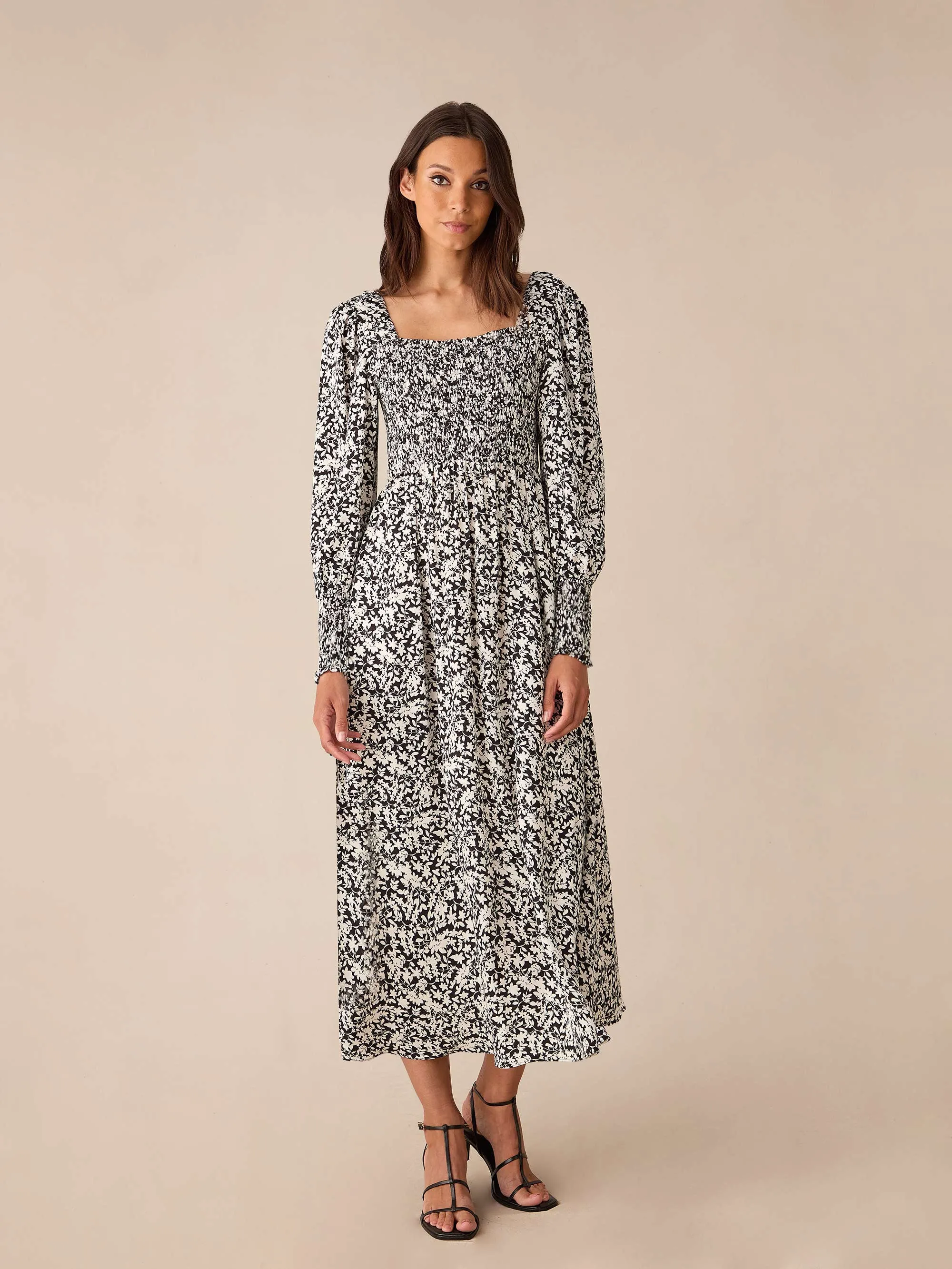 Mono Floral Print Shirred Midaxi Dress