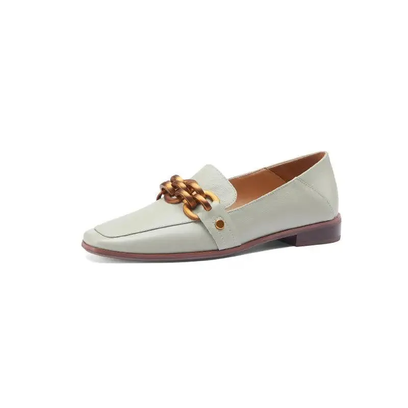 Square-Toe Flat Loafers with Elegant Metal Buckle