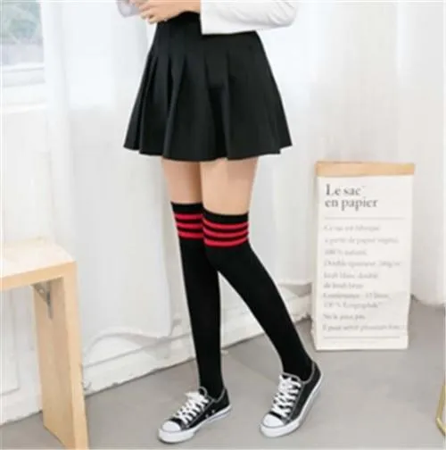 Women Long Warm Thigh High Striped Trim Top Stockings