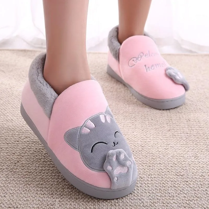 Women Winter Warm Home Soft Plush Cat Slip On Slippers